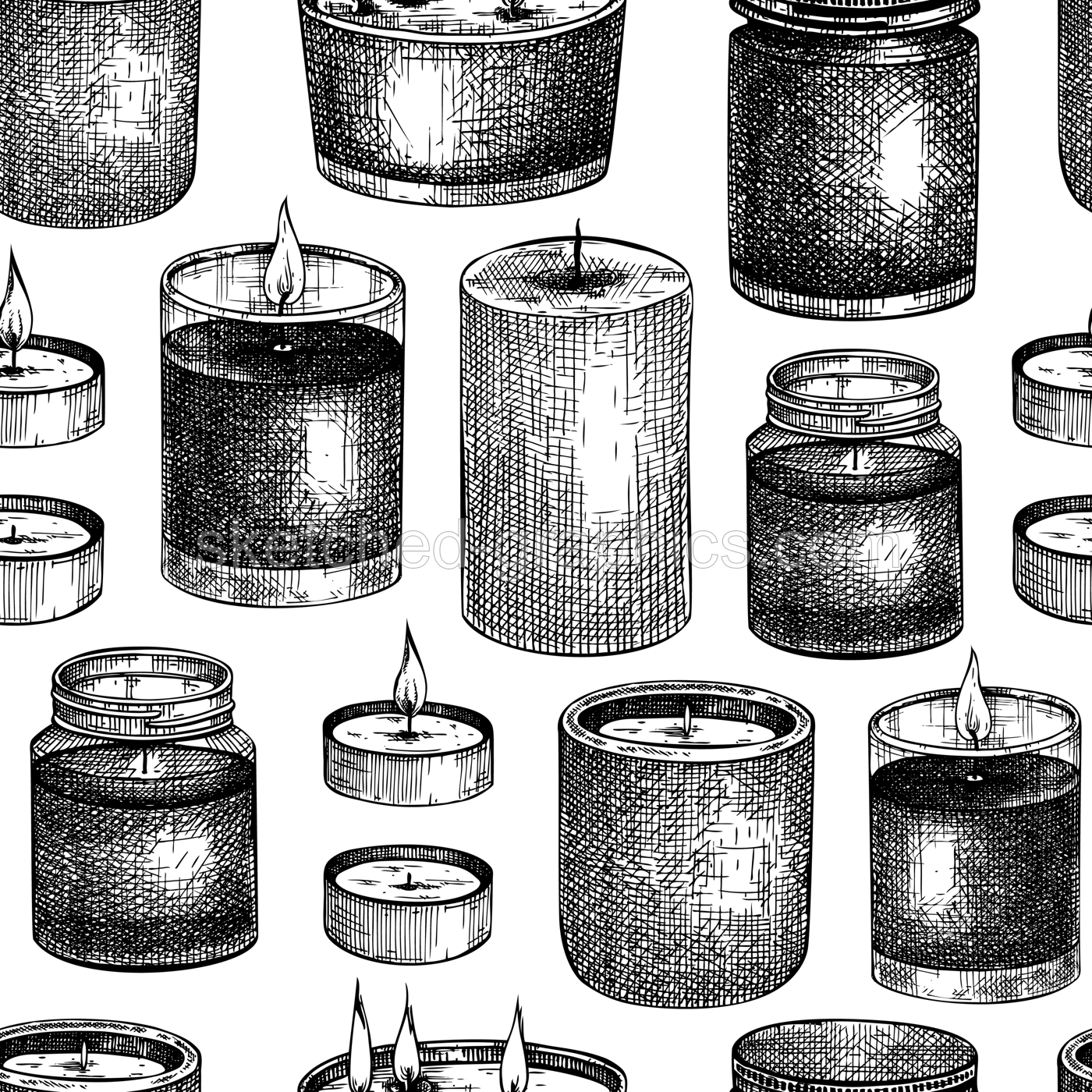 Hand-sketched aromatic candles backdrop. Vector seamless pattern with vintage jars and containers. Scented candles background for relaxing, aromatherapy, hobby, handcrafts, candle making. Illustration
